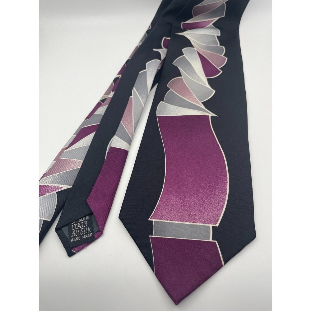 Ferracci Silk Tie Italy Hand Made Geometric Abstract Purple Black Grey Necktie